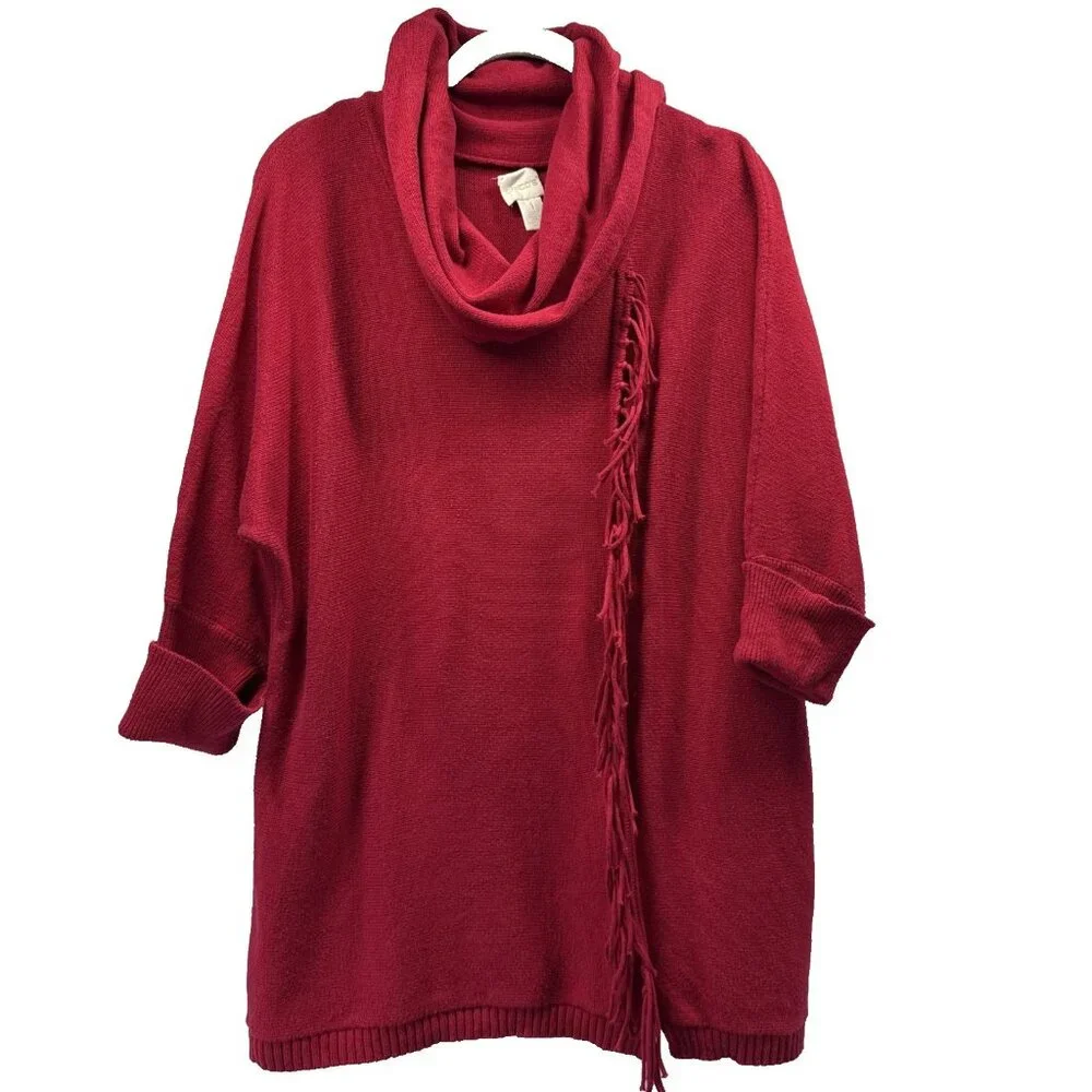 Chicos Women's Sweater M Silk Blend Solid Red Cowlneck Knit Fringe 3/4 Sleeves